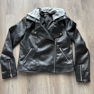 Vegan leather moto jacket with removable hood